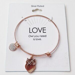 OWL You Need is Love Adjustable Copper Colored Charm Bracelet Silver Plated NEW